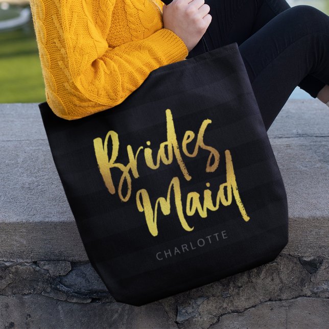 Black Stripes Faux Gold Brush Script Bridesmaid Tote Bag (Creator Uploaded)
