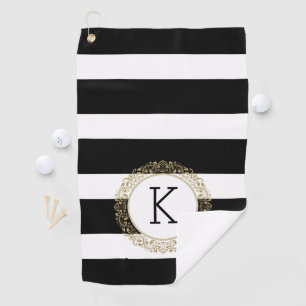 Black Stripes Floral Gold Circle Golf Towel