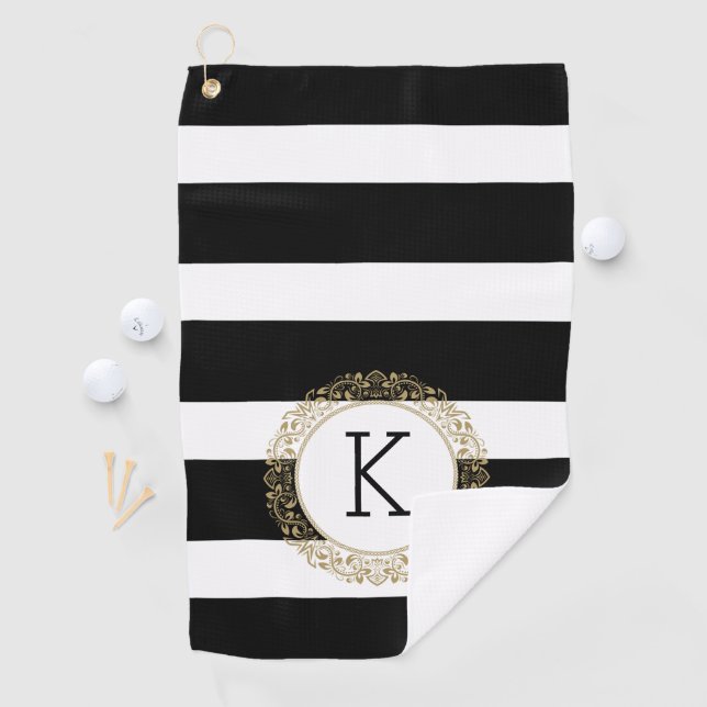 Black Stripes Floral Gold Circle Golf Towel (InSitu)