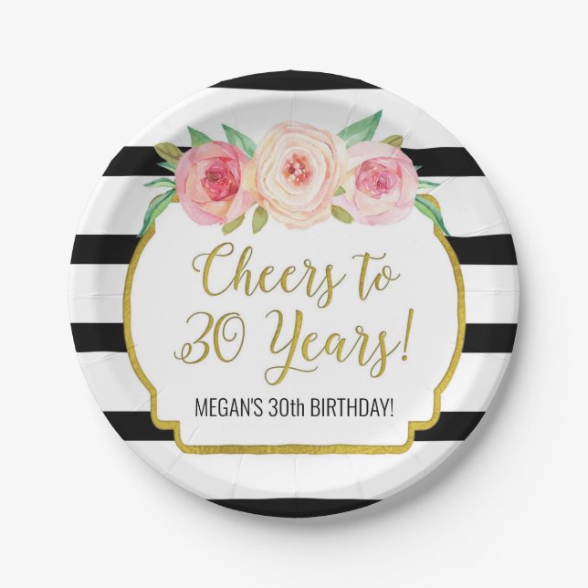 Black Stripes Flowers Cheers to 30 Years Birthday Paper Plate (Front)