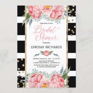 Black Stripes Gold and Pink Floral Bridal Shower Invitation
