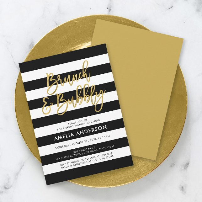 Black Stripes Gold Brunch & Bubbly Bridal Shower Invitation (Creator Uploaded)
