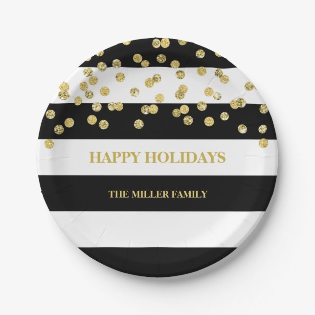 Black Stripes Gold Confetti Christmas Plates (Front)