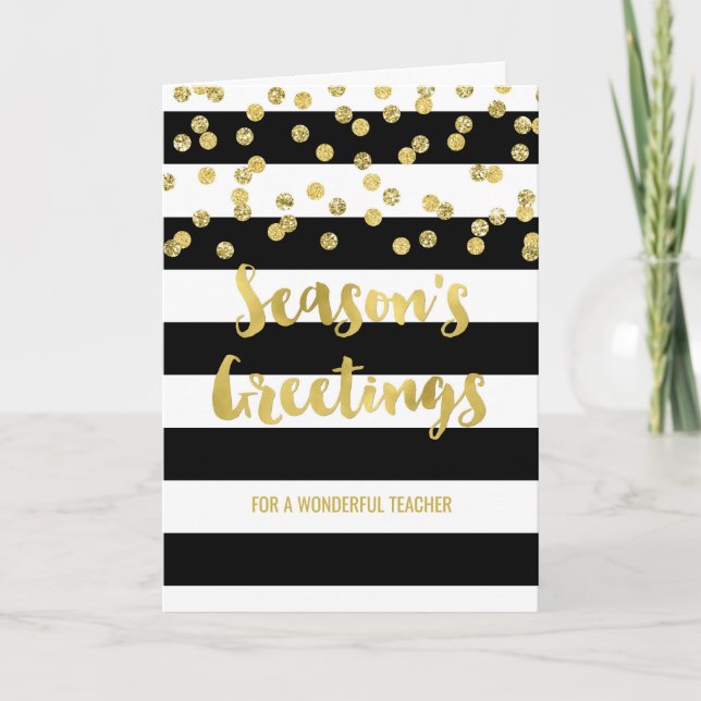 Black Stripes Gold Confetti Christmas Teacher Holiday Card (Front)