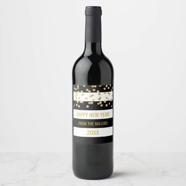 Black Stripes Gold Confetti Custom New Year Wine Wine Label (Front)