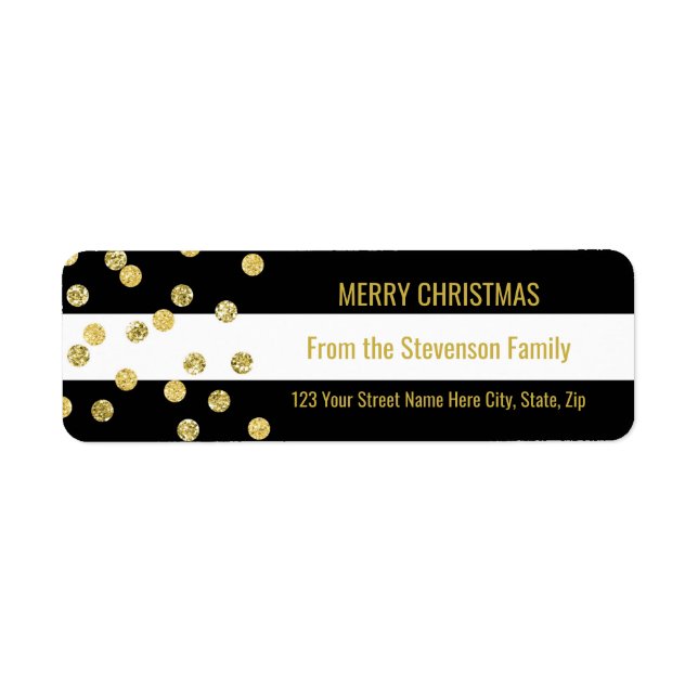 Black Stripes Gold Confetti Merry Christmas Return Address Label (Front)