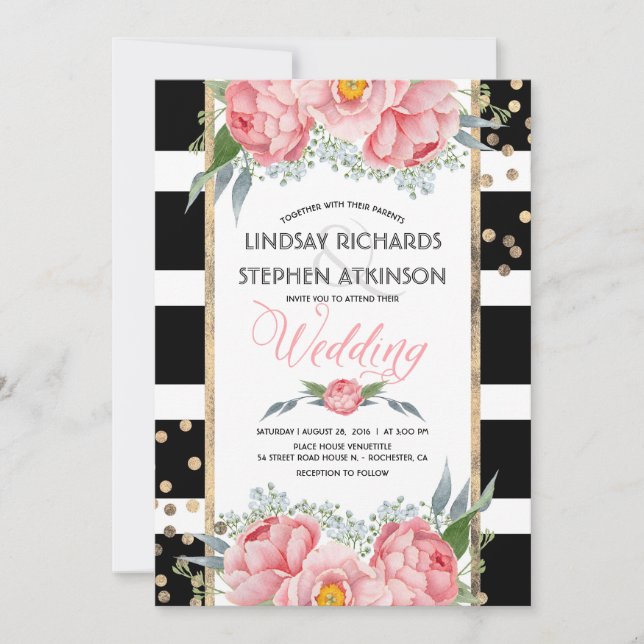 Black Stripes Gold Confetti Pink Floral Wedding Invitation (Front)