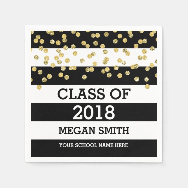 Black Stripes Gold Dots Class of 2018 Graduation Napkin (Front)