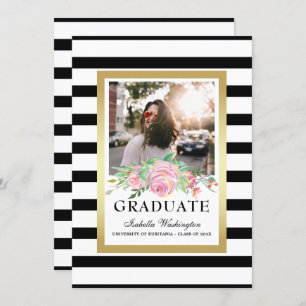 Black Stripes Gold Floral Graduation Party Photo Invitation