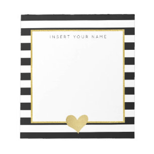Black Stripes & Gold Foil Heart Notepad 5.5" x 6"