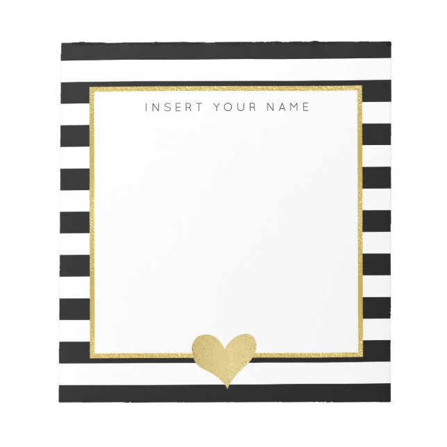 Black Stripes & Gold Foil Heart Notepad 5.5" x 6" (Front)