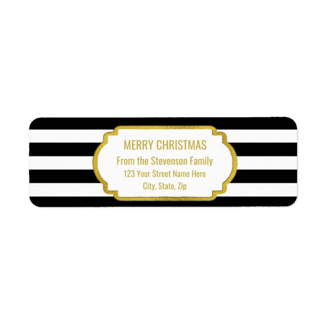 Black Stripes Gold Merry Christmas Return Address Label (Front)