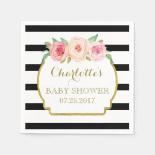 Black Stripes Gold Pink Floral Baby Shower Napkin
