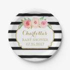 Black Stripes Gold Pink Floral Baby Shower Plate