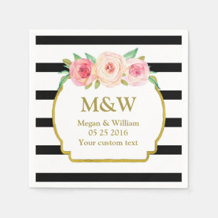 Black Stripes Gold Pink Floral Wedding Napkins