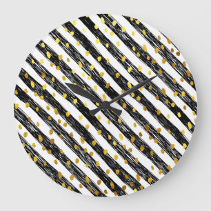 Black stripes, golden confetti, seamless pattern. large clock