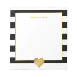 Black Stripes & Metallic Gold Heart Notepad