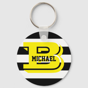 Black Stripes Monogram Button Key Ring
