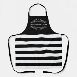 Black Stripes Monogram Hand-Drawn Half Wreath Apron
