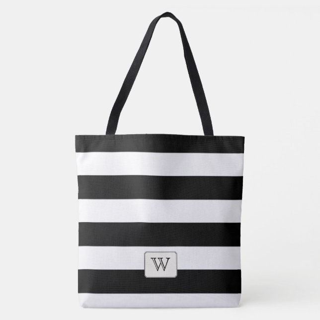 Black Stripes on any Colour Custom Monogram Tote Bag (Front)