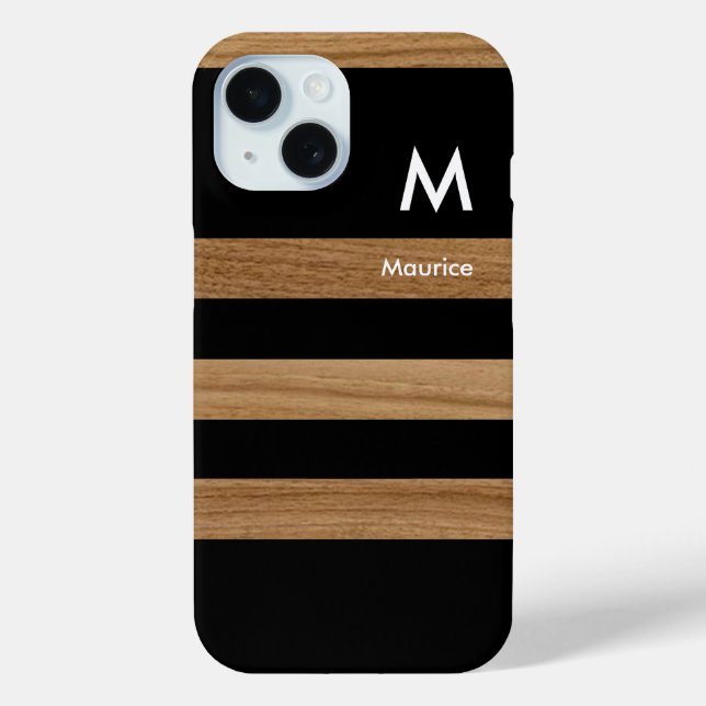 Black Stripes on Wood with Name & Initial Case-Mate iPhone Case (Back)