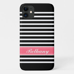 Black Stripes Pink Custom Name iPhone 11 Case