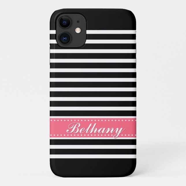 Black Stripes Pink Custom Name Case-Mate iPhone Case (Back)