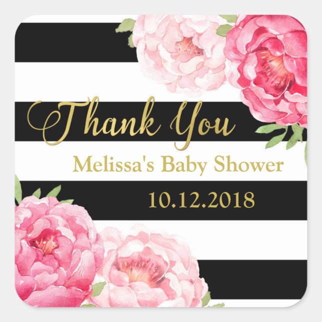 Black Stripes Pink Floral Baby Shower Thank You Square Sticker (Front)