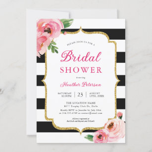 Black Stripes Pink Floral Bridal Shower Invitation