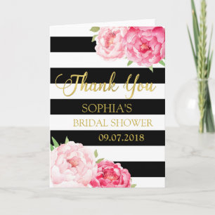 Black Stripes Pink Floral Bridal Shower Thank You Card