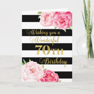 Black Stripes Pink Flowers Happy 70th Birthday Card