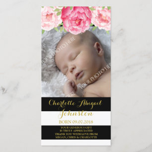 Black Stripes Pink Flowers Thank You Baby Shower Card