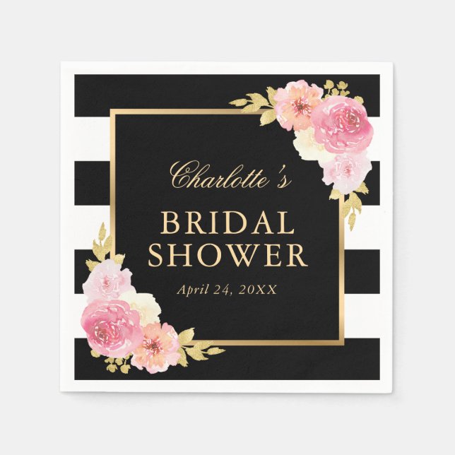 Black Stripes Pink Watercolor Floral Bridal Shower Napkin (Front)