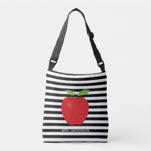 Black Stripes, Red Apple Personalized Teacher Crossbody Bag