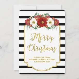 Black Stripes Red Flowers Merry Christmas Card