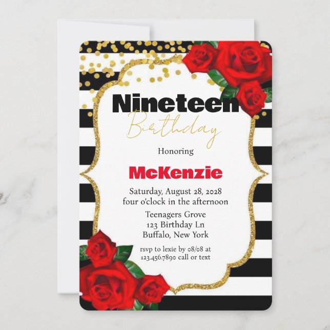 Black Stripes Red Rose Girl 19th Birthday Party Invitation (Front)