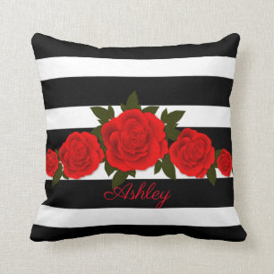 Black Stripes Red Roses Cushion