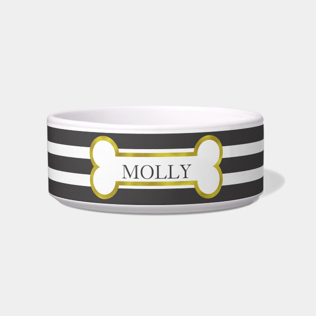 Black Stripes with Gold Bone Personalised Pet Bowl (Front)