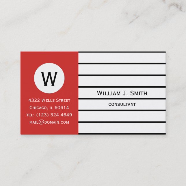 Black Strips On White And Tomato Red Monogrammed Business Card (Front)