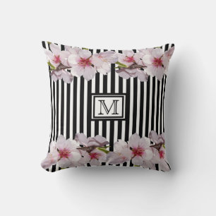 Black strips pink cherry florals monogram initial cushion
