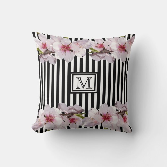 Black strips pink cherry florals monogram initial cushion (Front)