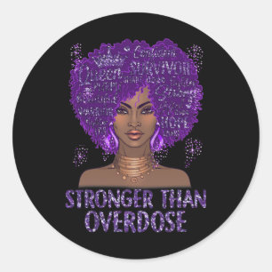 Black Stronger Than Overdose Awareness Ribbon Purp Classic Round Sticker