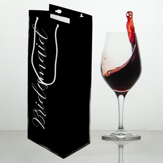 Black Stylised Script Wedding Bridesmaid Wine Gift Bag (In Situ)