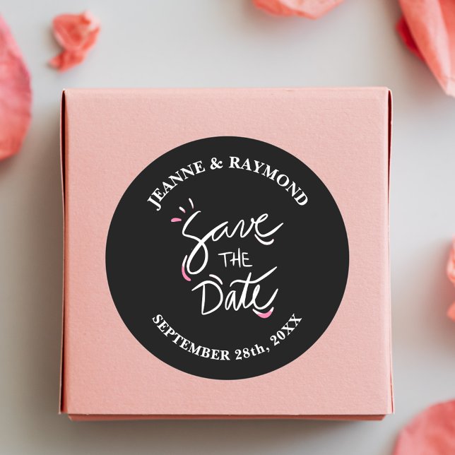 Black Stylish Calligraphy Wedding Save the Date Classic Round Sticker (Creator Uploaded)