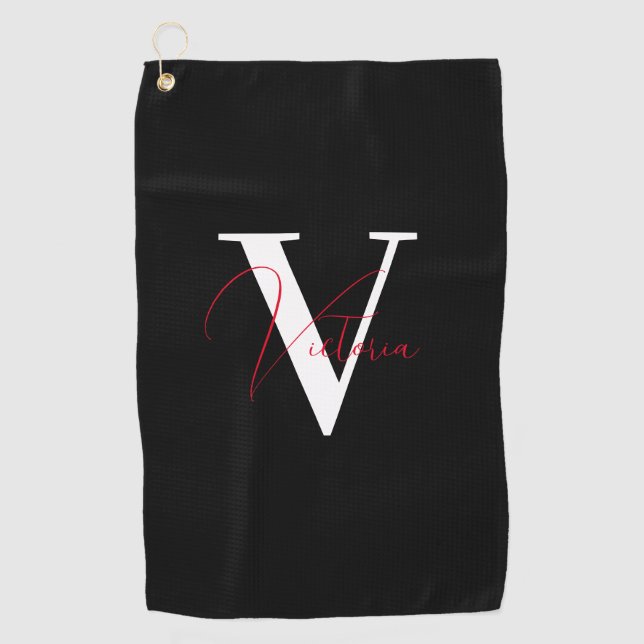 Black stylish chic custom monogram golf towel (Front)