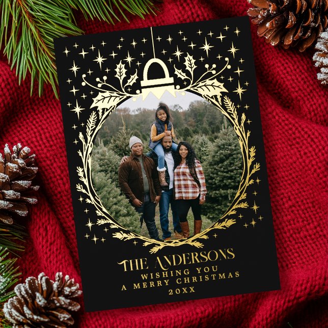 Black Stylish Christmas Foliage Ornament Photo  Foil Holiday Card (Creator Uploaded)