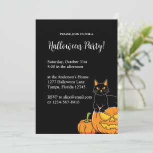 Black Stylish Halloween Party Cat & Pumpkin Invitation