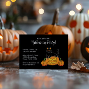 Black Stylish Halloween Party Cat & Pumpkin Print Invitation