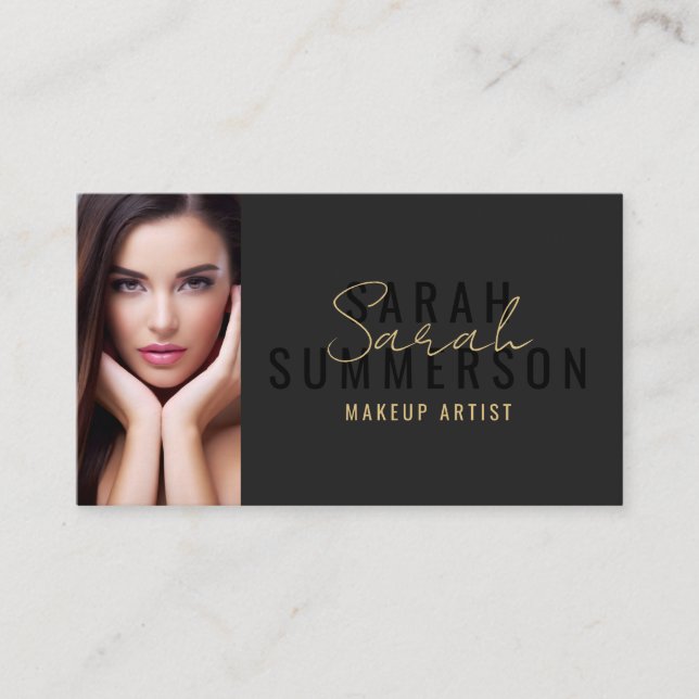 Black Stylish Makeup Artist Beauty Salon Photo Business Card (Front)