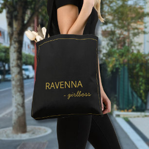 Black Subtle Gold Frame Luxury Girlboss Name Tote Bag